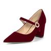 Мода На Заказ Свадебные Туфли для Невесты Подарок для Пары Красный Бургунди Высокий Каблук Женские Туфли на Среднем Толстом Каблуке Мэри Джинс Флок Ремешок с Пряжкой Лодочки Женские