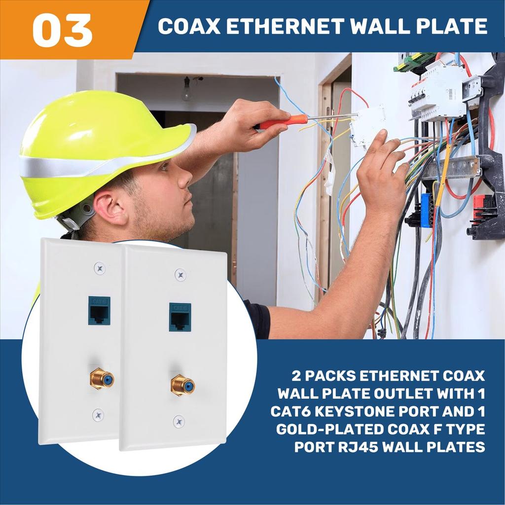 2 Packs Ethernet Coax Wall Plate Outlet with 1 Cat6 Port and 1 Gold-Plated Coax F Type Port RJ45 Wall Plates