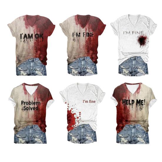 Хэллоуин Кровавая футболка Цифровая печать Пятна крови Текст Футболка Женские топы с V-образным вырезом Повседневная одежда Смешная одежда ужасов