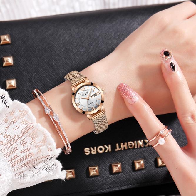 KINGNUOS кварцевые часы немеханические женские часы светящиеся водонепроницаемые двойной календарь женские наручные часы со стальным ремешком