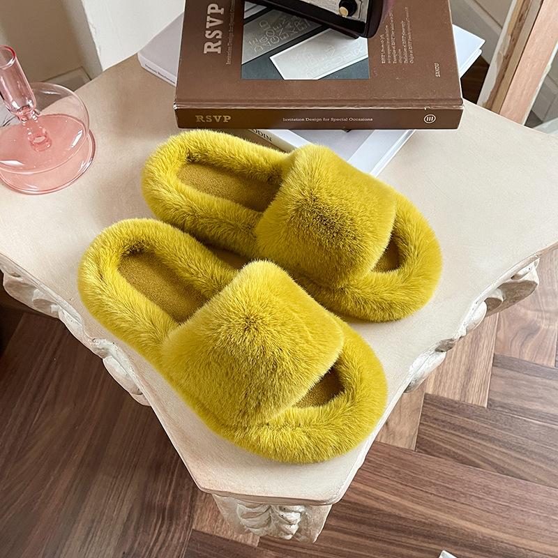 Увеличивающие рост толстоподошвенные пушистые тапочки женские осенне-зимние для улицы пушистая обувь на одной перемычке ins домашние домашние плюшевые тапочки весна и лето