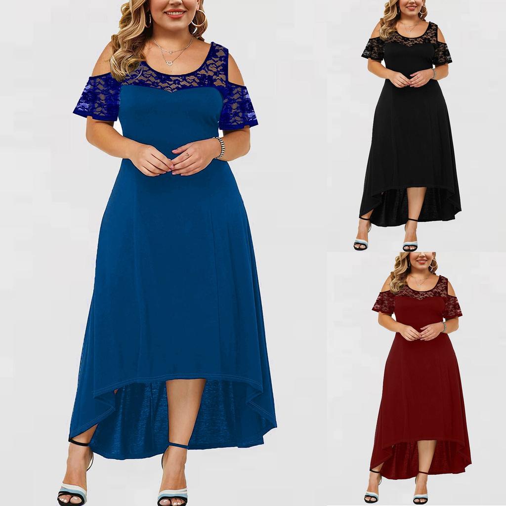 Women's Summer Dresses Off Shoulder Lace Trim Elegant Oversized Solid Dress