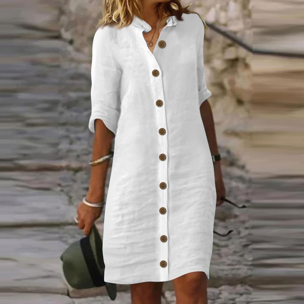 Женское платье с рубашкой и рукавами миди, однотонные повседневные платья