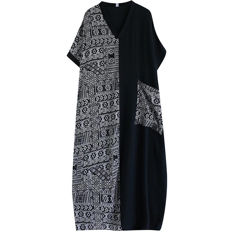 Plus Size Dress New Summer Holiday Basic Women V-Neck Loose Short Sleeve Vintage Long Spliced Dress