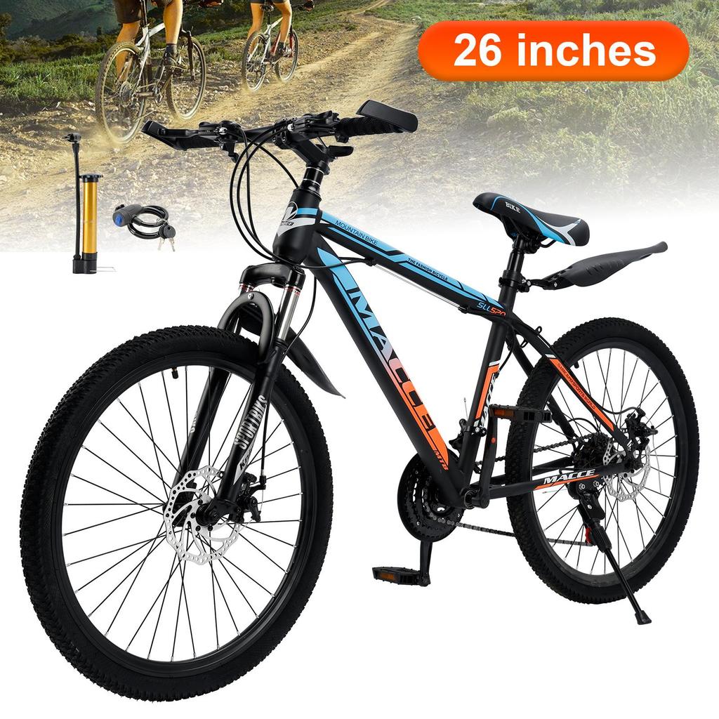 26" Spoke Wheel 24 Speed Mountain Bicycle Adult Bike MTB W/ Fender Blue+Orange