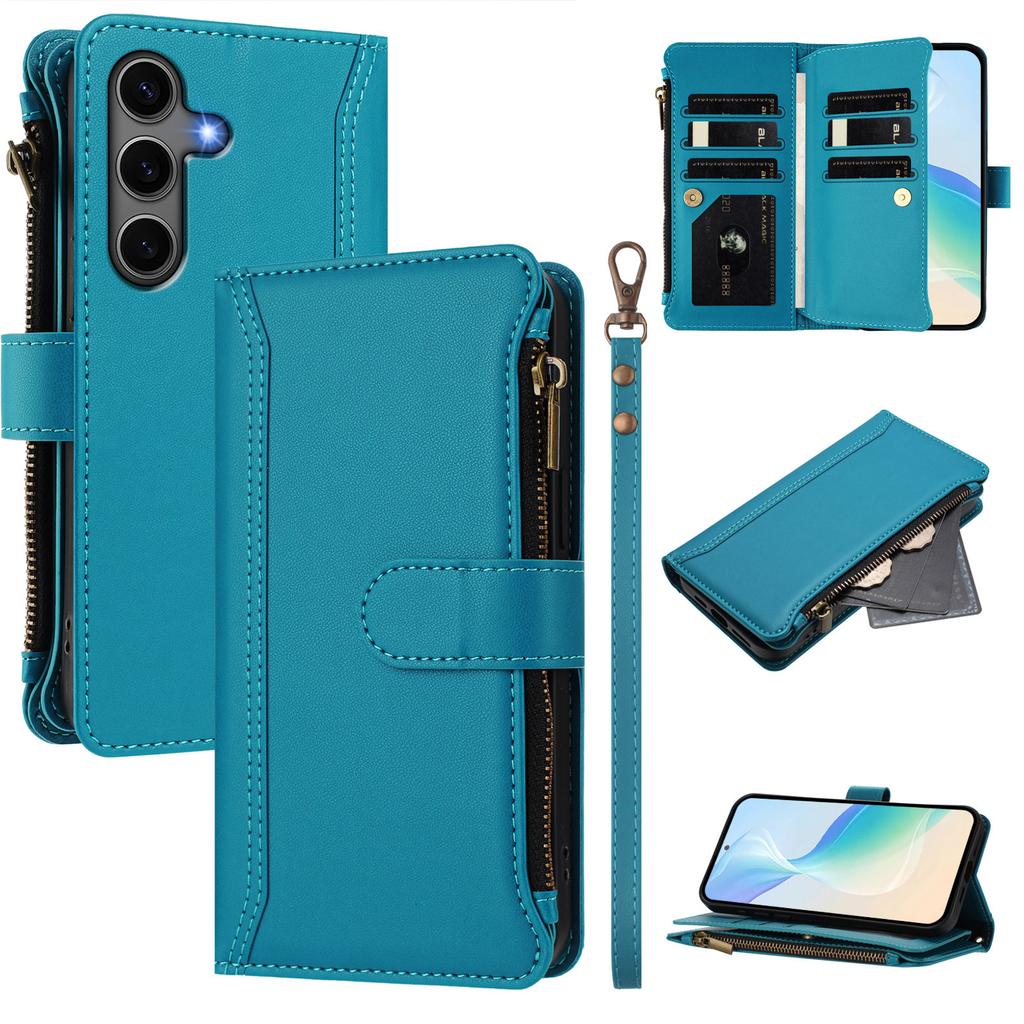 For Samsung Galaxy S24+/Galaxy S25+ Leather Case 9 Card Slots Zipper Wallet Stand Phone Cover with Wrist Strap