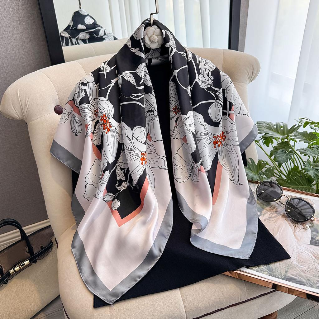 Spring And Summer 90Cm Silk Scarf Women'S Satin Printing Imitation Silk Scarf Large Square Scarf Temperament Shawl Bag Headscarf
