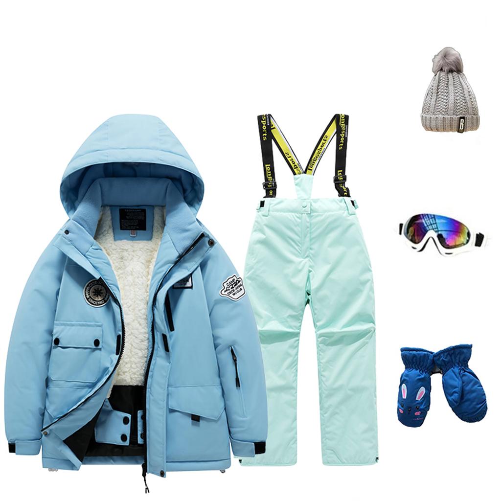 Детский модный лыжный комплект для мальчиков и девочек, утепленный, водонепроницаемый, термобелье, костюм из пяти предметов с курткой и брюками