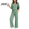 Wide Leg Trousers Women Sweatshirt Pants 2-Piece Set, V-Neck Long Sleeve Top & Two Piece Sets with Elastic Waist, Solid Color Matching Lounge