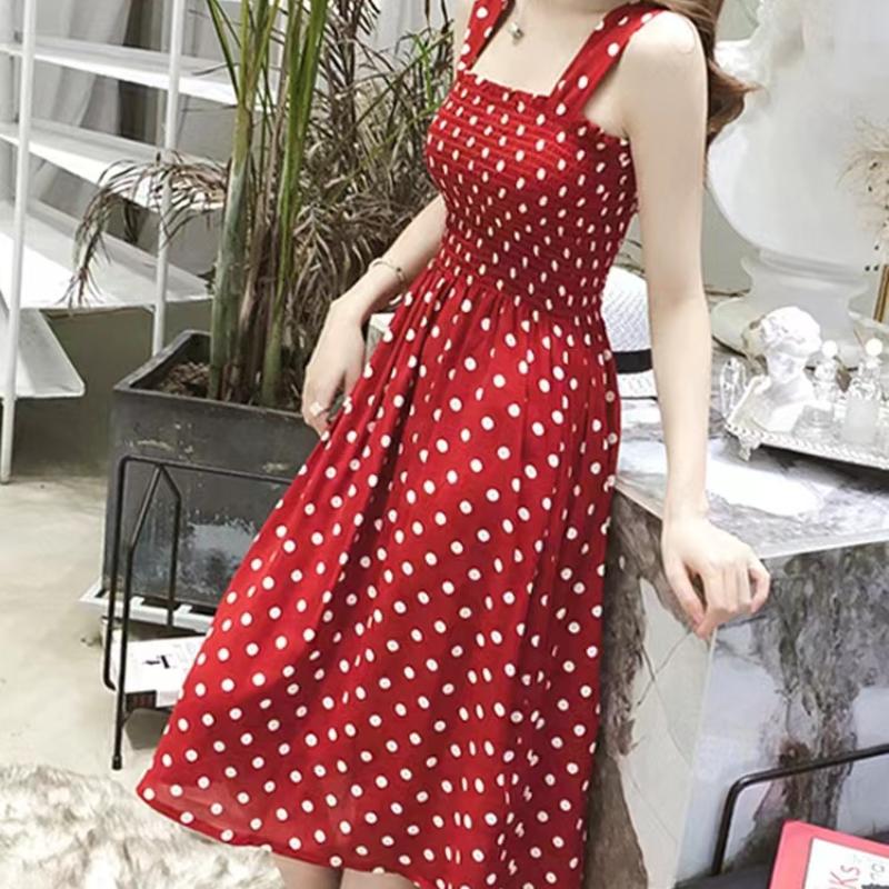 Fashion Women Loose None Sleeve Polka Dot Shoulder Plus Size Casual Dress
