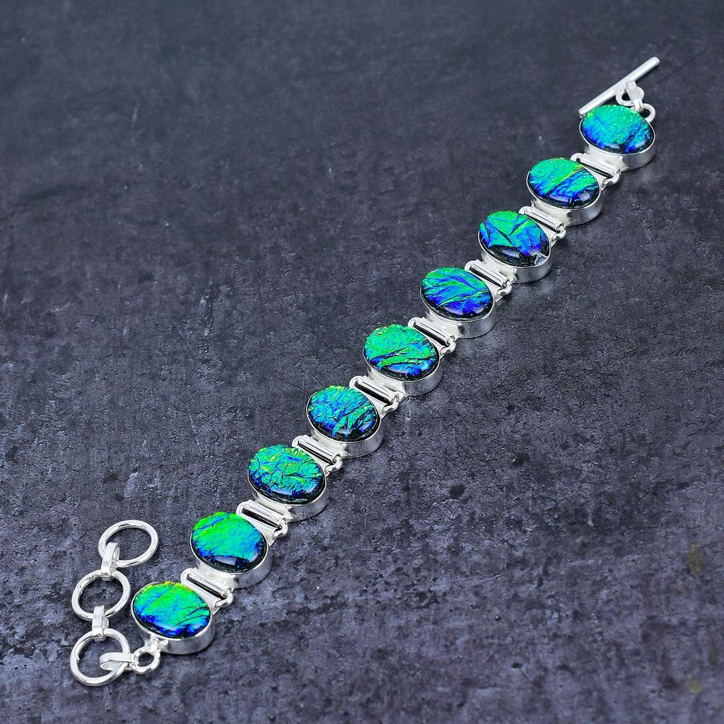 Зеленый Триплет Опал Драгоценный камень Ручной работы Серебро 925 пробы Браслет 7-8" h2V57