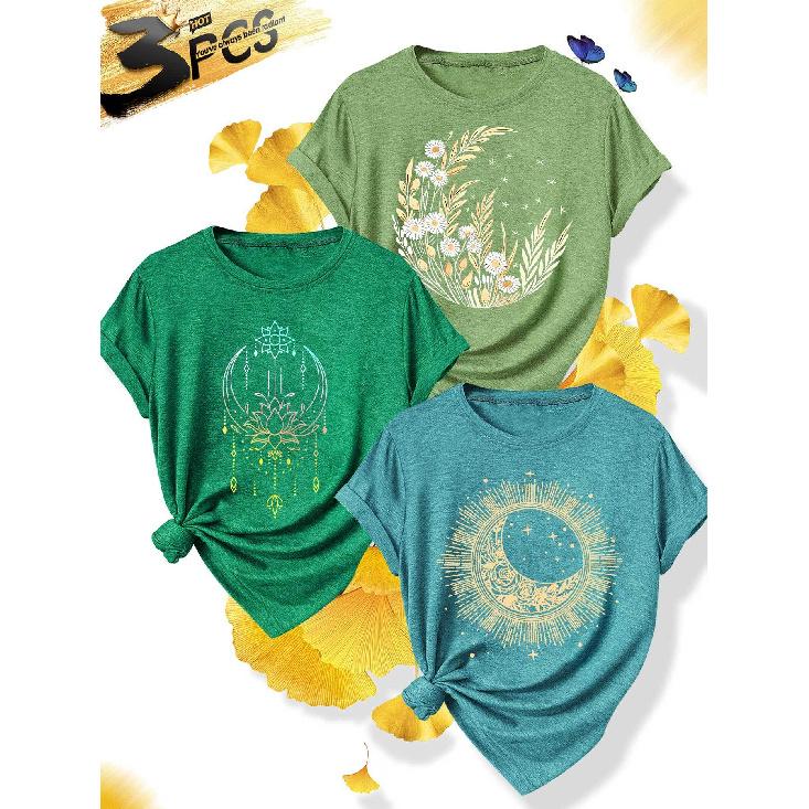 3Elegant plus-size short-sleeve outfit for sisters to attend parties T Shirt Daisy Moon Lotus Print Plus Size Women's Spring/Summer Casual