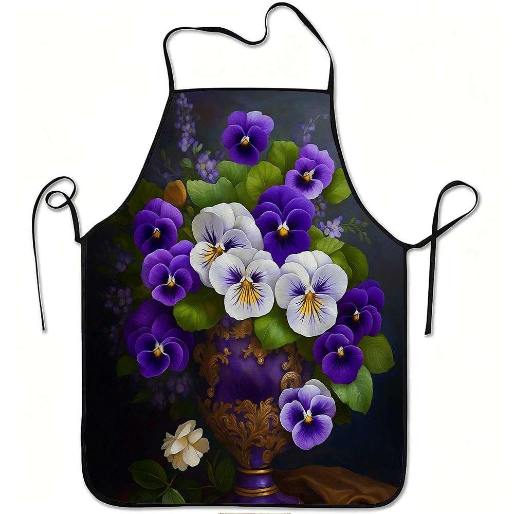 1pc Purple and White Pansy Printed Apron, Durable and Easy to Clean, Adjustable Belt, Polyester Material, Suitable for Kitchen,
