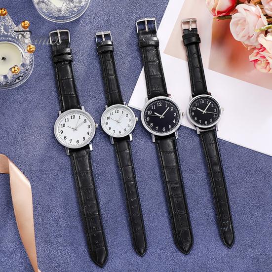 Couple Watch Round Battery Operated Faux Leather Strap Elegant 3-Hand Birthday Gift Adjustable Men Women Quartz Wrist Watch Fashion Jewelry