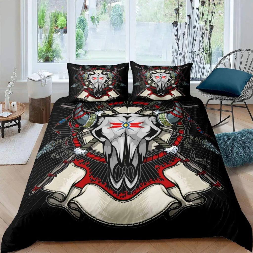 Пододеяльник с изображением черепа коровы Queen Подсолнух Комплект постельного белья с изображением скелета коровы/быка Ботанический цветочный узор с листьями Бохо Племенной полиэстеровый пододеяльник