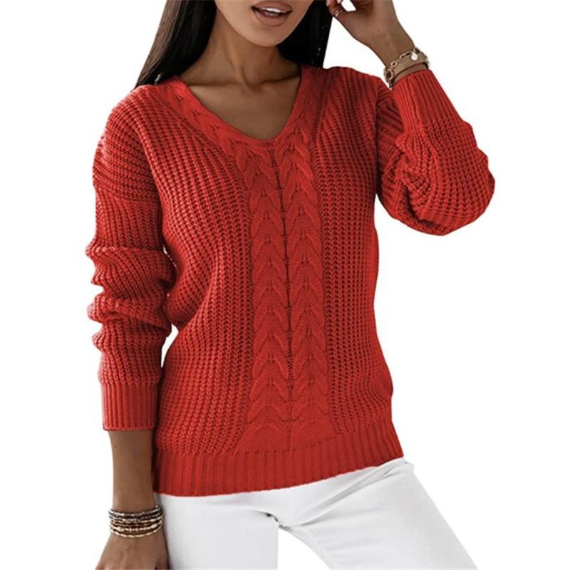 Autumn and Winter Women's Plus Size Sweater Long Sleeve V-Neck Solid Color Twist Casual Knit Pullover Top