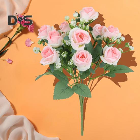 Искусственный букет роз с зелеными листьями на стебле Реалистичные многоразовые искусственные цветочные растения Украшение дома Свадебная вечеринка Фото