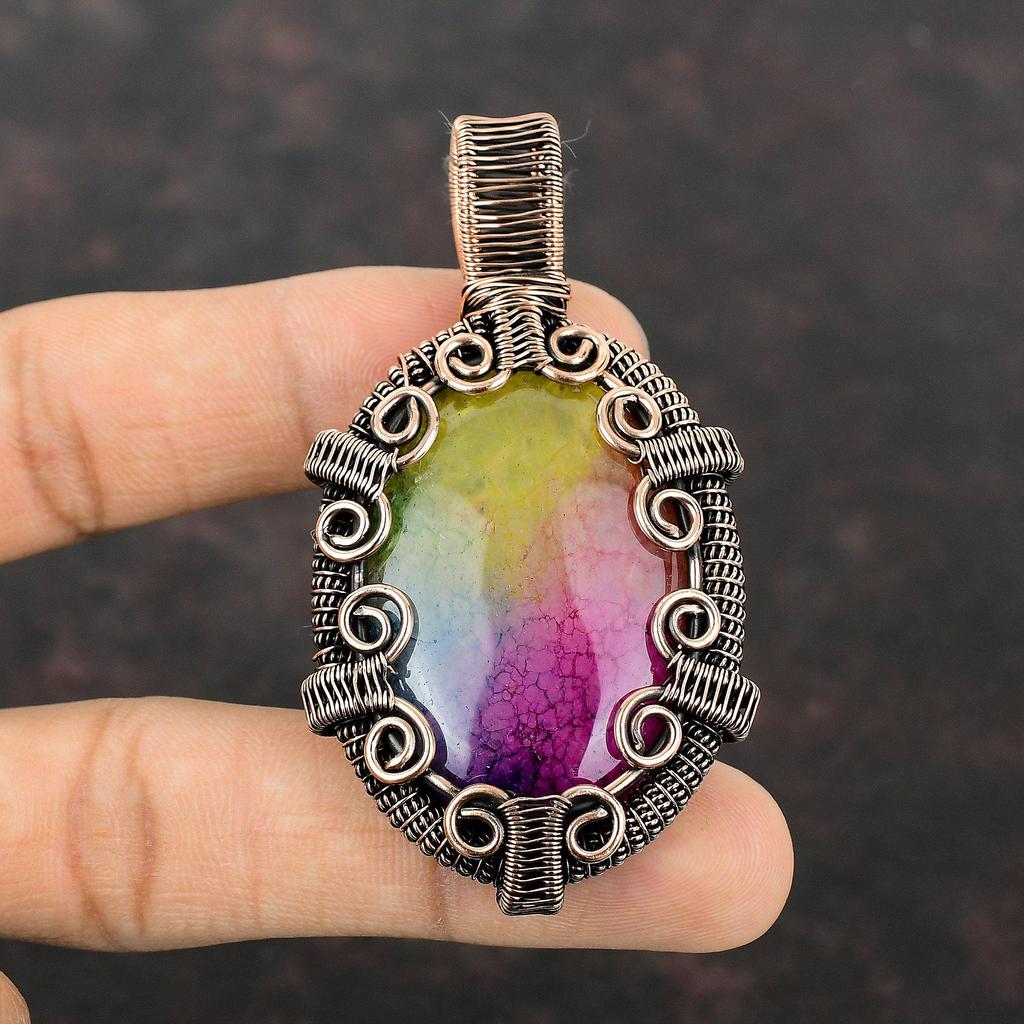 Rainbow Solar Quartz Druzy Pendant Copper Wire Wrapped Gemstone Jewelry Copper Pendant Handmade Brand New Pendant Wire Wrap Pendant For Gift