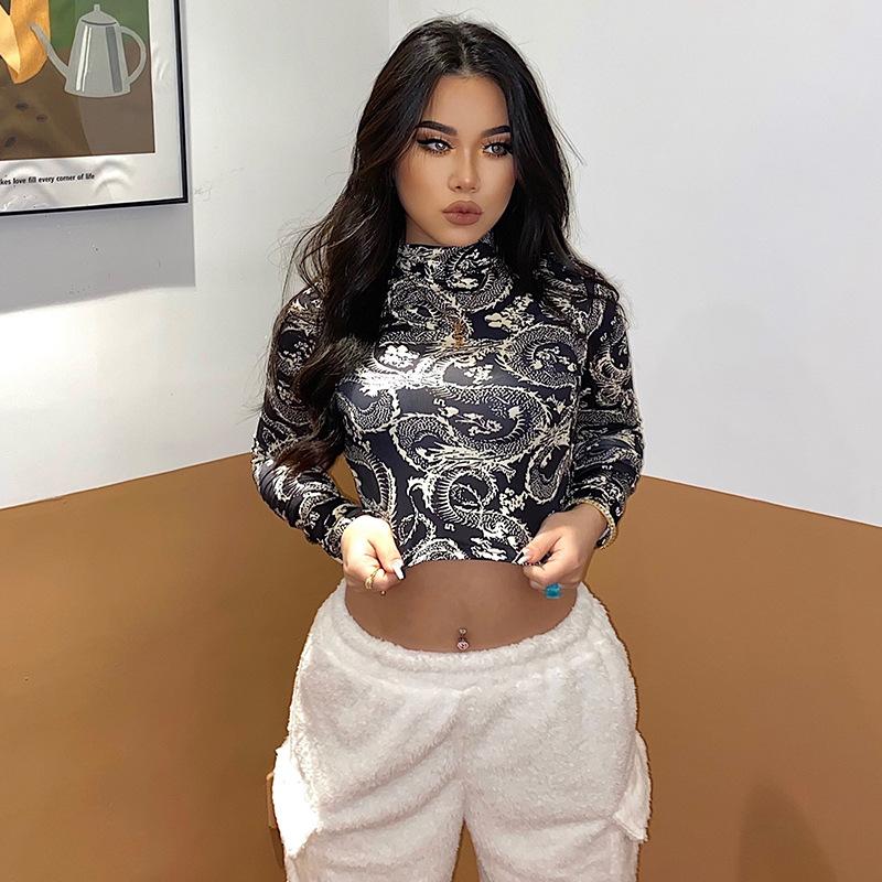 Модные трендовые женские стильные укороченные топы с принтом дракона, тонкая футболка с длинным рукавом и высоким воротником, узкие футболки на весну и осень