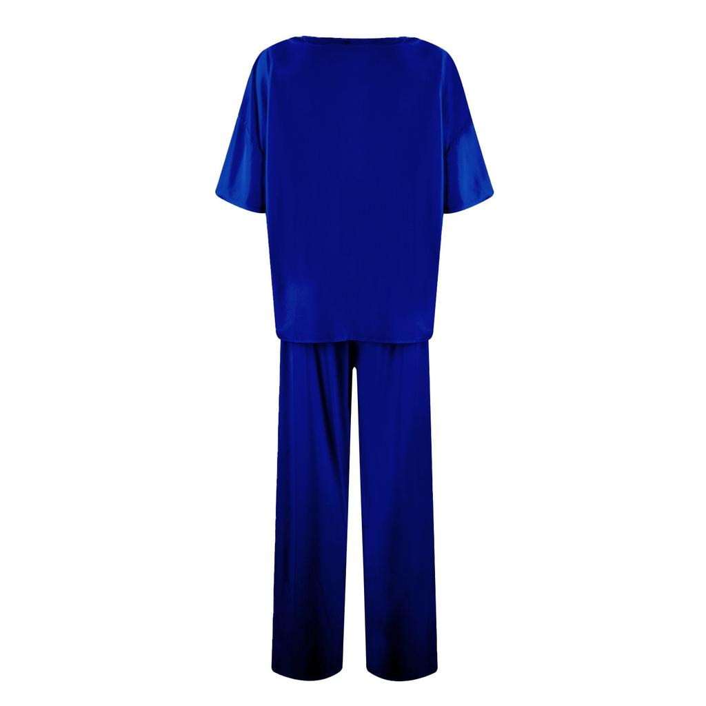 Женский шелковый однотонный пижамный комплект, рубашка с коротким рукавом и длинные пижамные штаны, мягкая пижама, домашняя одежда