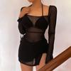 Стиль Pure Desire Европейская и американская перспектива Сексуальное сетчатое платье с длинным рукавом и разрезом Мини-платье Летний женский стиль