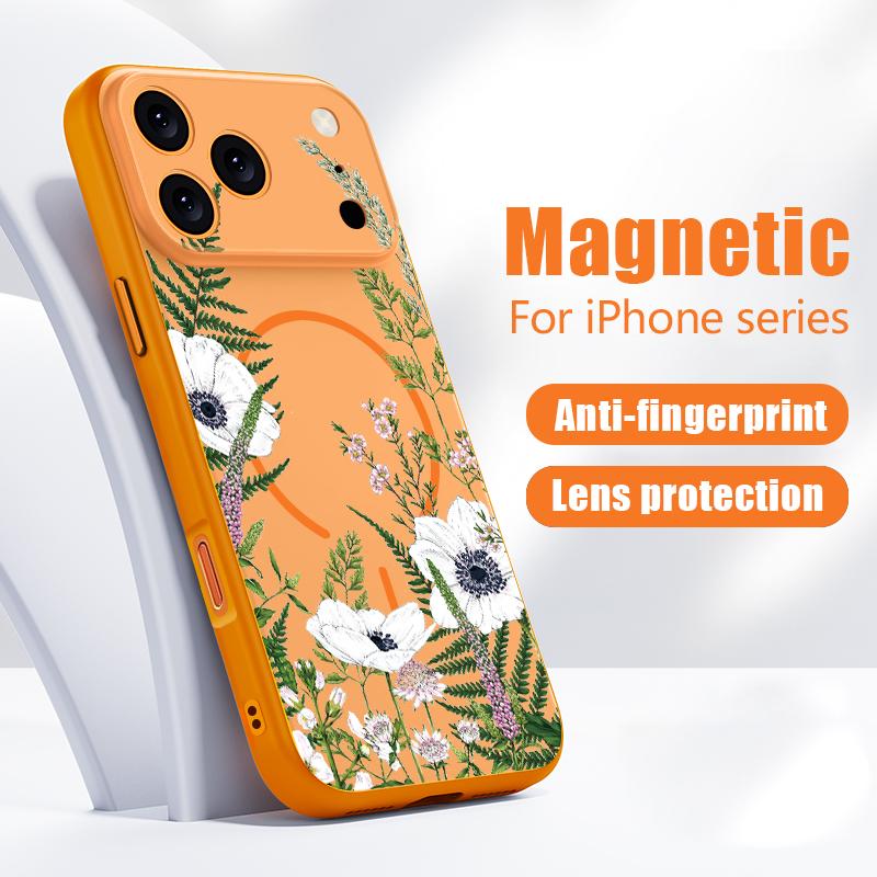 Чехол для iPhone 17 Pro Max INS Белый Цветочный Растительный Узор Магнитный Для Magsafe Гибридный Тонкий Матовый Чехол Для iPhone 16 15 14 13 Pro Max