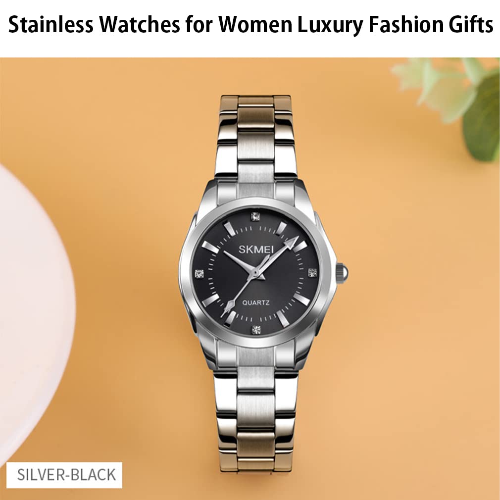 Stylish Stainless Black Women's Watch, Silver, Steel, Waterproof, Business, Classic, Analog, Quartz, Brand, Casual, Simple, Luxury, Gift,