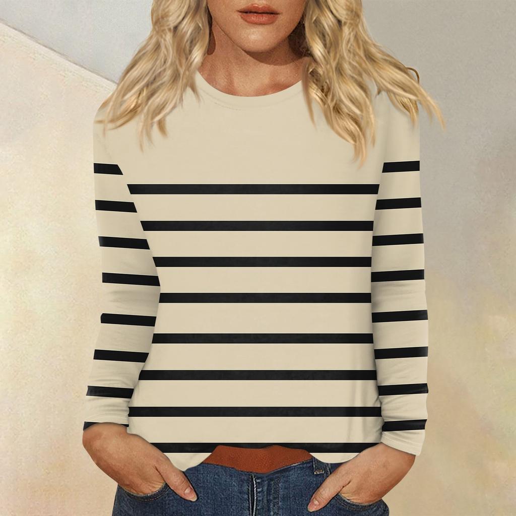 Женский повседневный топ с круглым вырезом и длинными рукавами в полоску с принтом