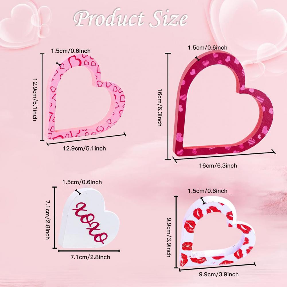 4 Pcs Wooden Heart Shape Table Signs Valentine's Day Red Pink Love Heart Tabletop Centerpiece for Home Decor