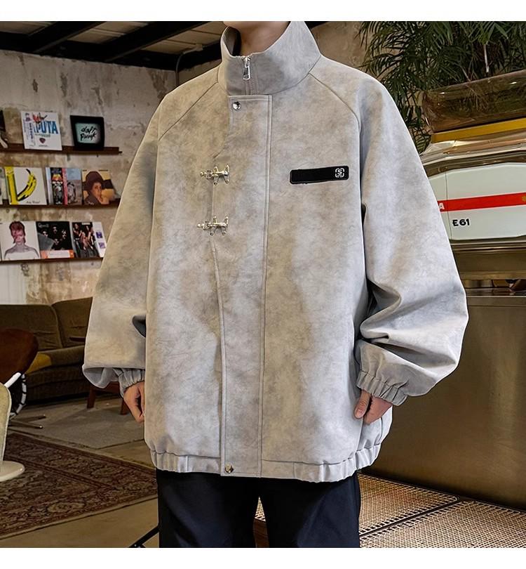 Мужская куртка из ПУ кожи с воротником-стойкой и металлической пряжкой - Ретро-стиль тай-дай для весны и осени