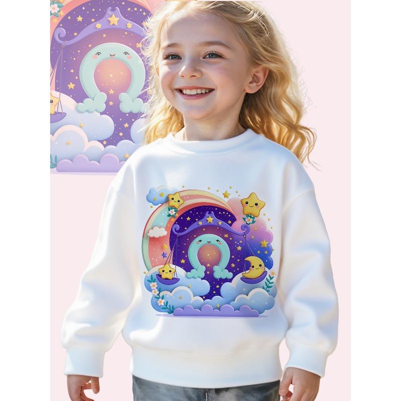 European sizes Kids Whimsical Skyland: A Dreamy Cartoon Illustration Print Long Sleeve Crewneck Sweatshirt - Soft Casual Pullover Top