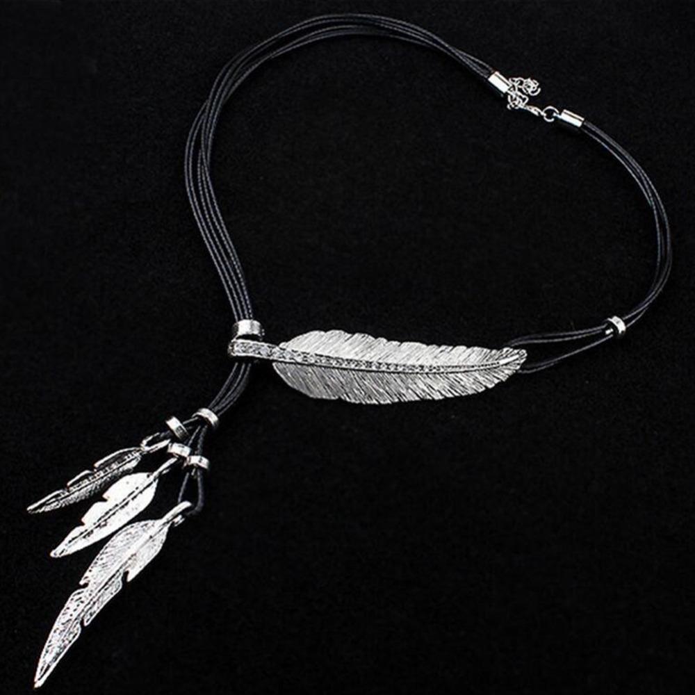 European & American Black Leather Feather Diamond Tassel Necklace - Multi-layer Women's Clavicle & Sweater Chain
