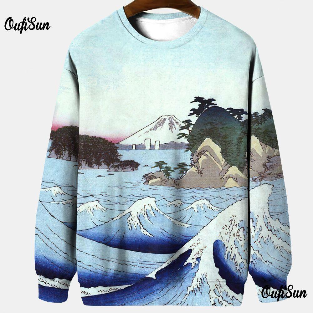 Японская толстовка Ukiyoe для мужчин, футболка с длинным рукавом и круглым вырезом, свитер свободного покроя, весенняя одежда, тонкие повседневные мужские толстовки 2024