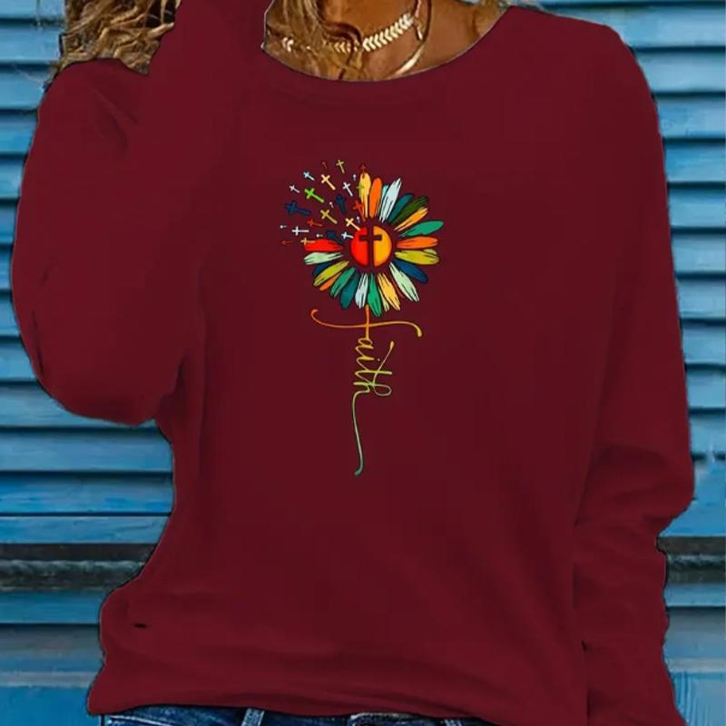 Топы для женщин с цветным принтом в виде букв и цветов, с круглым вырезом и длинным рукавом, осенняя повседневная тонкая кофта-пуловер для женщин с длинным рукавом