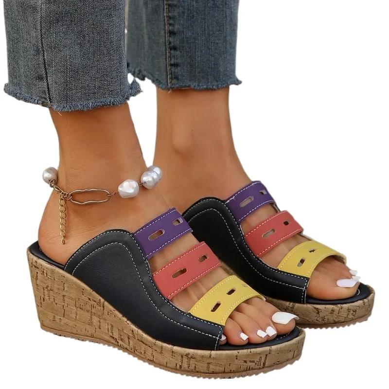 Модная женская обувь 2024 года, брендовые женские тапочки больших размеров, горячая распродажа, подходящие по цвету тапочки для платья, женские новые тапочки на танкетке с круглым носком