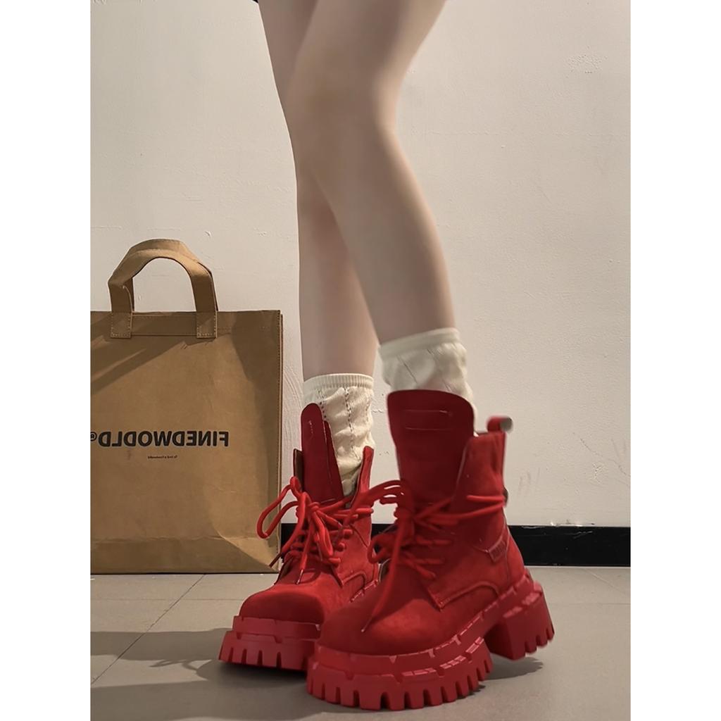 Red high-end British platform Martin boots autumn with skirt and thin short boots