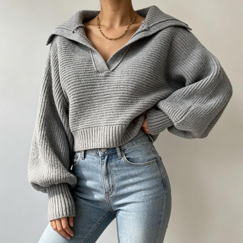 Autumn And Winter New Knitted Sweater Knitted Sweater Lapel Pullover Women'S Top