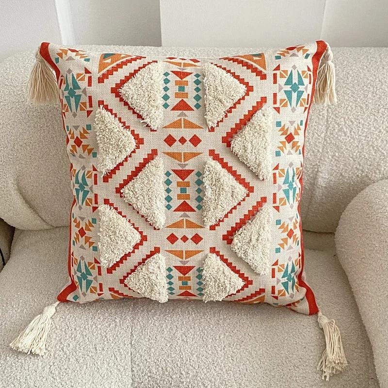 45x45cm Boho Tufted Throw Pillow Cover with Handwoven Stripes Tribal Bohemian Cotton Hand Woven Tufted Square Cushion Covers