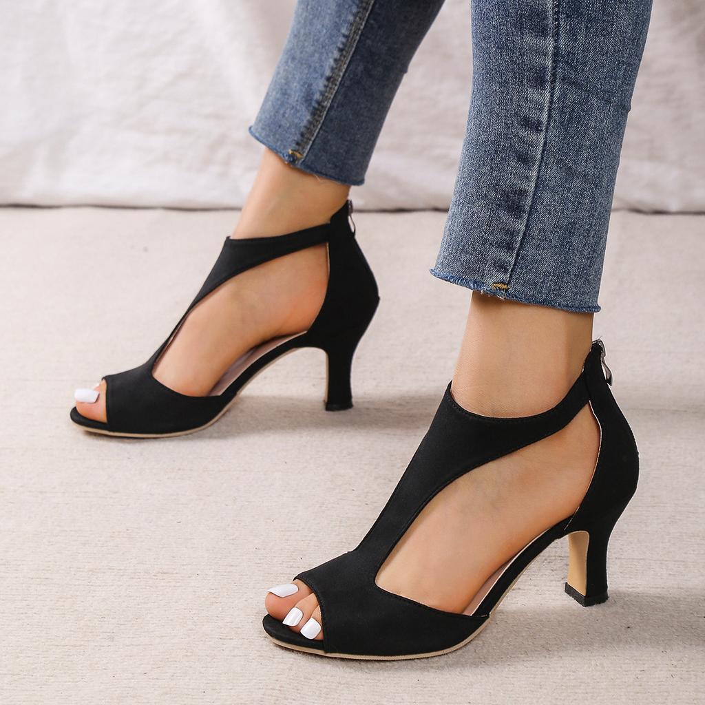 Модные туфли на молнии сзади, женская обувь на каблуке с открытым носком, летние римские сандалии большого размера на тонком каблуке с боковой стороны, внешняя торговля
