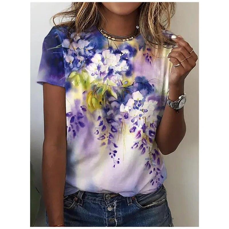 Лето 2024, новый женский топ с короткими рукавами, модный пуловер Y2K, повседневная красочная футболка с цветочным 3D круглым вырезом и круглым вырезом, 2024 г.