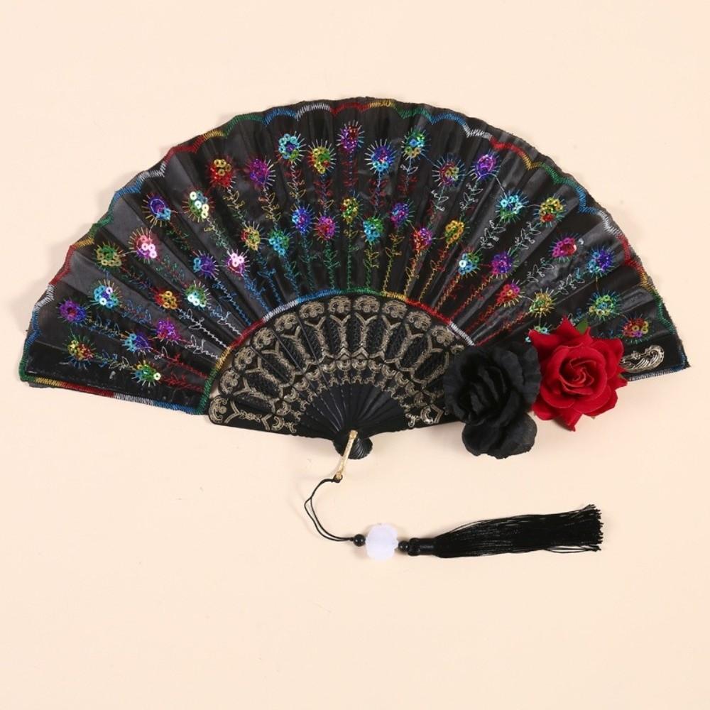 Sequin Decorated Spanish Handheld Fan Embroidered Flamenco Dance Fan New Gothic Dance Fan