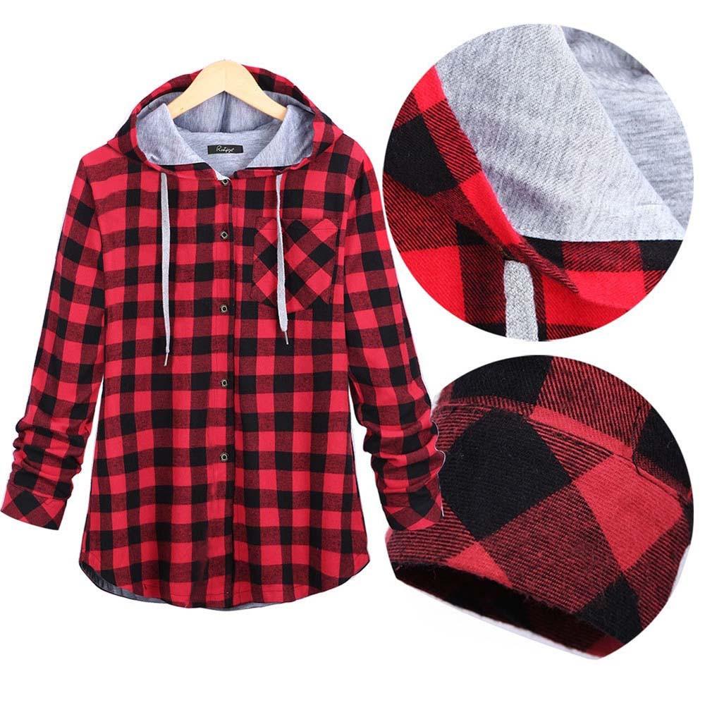 Women's Plaid Hooded CardiganLong Sleeve Jacket Blouse