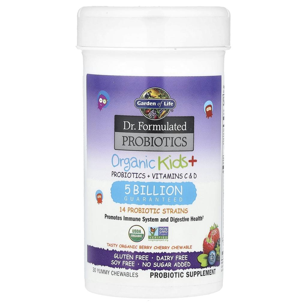 Dr. Formulated Probiotics, Organic Kids +, Delicious Organic Berry Cherry, 30 Chewable Tablets