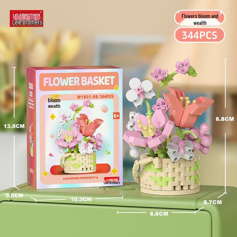 Preserved Flower Basket Building Blocks: Rose & Succulent Ornaments, Educational Toy for Girls, Ideal for Valentine's Day or June 1st Gift