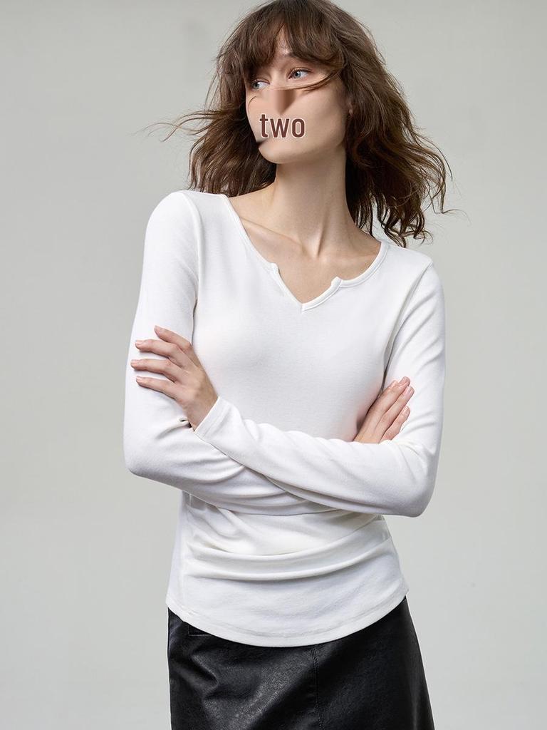 Вязаный топ с V-образным вырезом и длинным рукавом на осень 2025 для женщин - Облегающий, универсальный и стильный