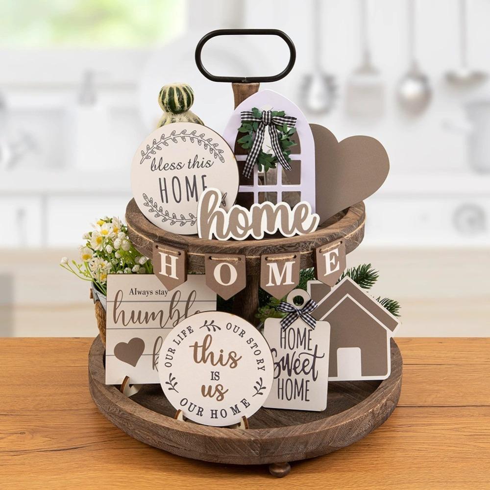 Summer Beach Tiered Tray Decoration Set Farmhouse Rustic Home Decor Home Wood Sign Rustic Table Ornaments for Home Kitchen Table Housewarming Gift