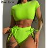 Sexy Backless Short Sleeve Female Swimsuit High Waist Bikini Women Swimwear Two-pieces Bikini Set Bather Bathing Suit Swim