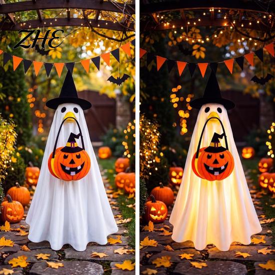 Light Up Halloween Outfit Glowing Ghost Costume with Witch Hat & Pumpkin Tote Bag, LED Theme Party Fabric for Kids, Spooky Cosplay And Yard Decoration