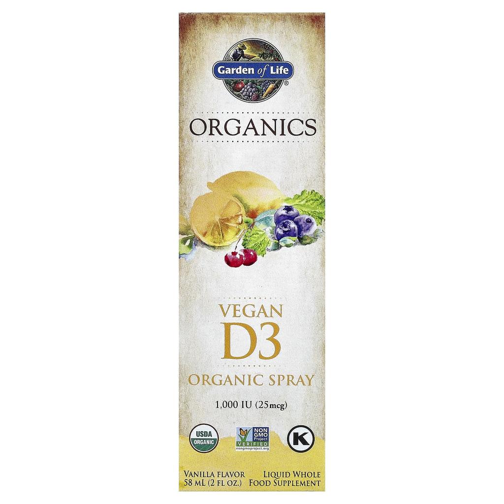 Mykind Organics, Органический спрей с веганским витамином D3, Ваниль, 25 мкг(1,000 МЕ), 58 мл(2 жидких унции)