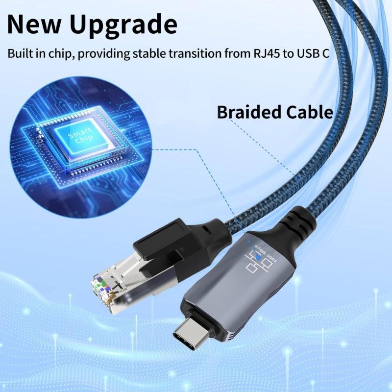 1.8m Long USB C to RJ45 Gigabit Ethernet Cable Braided Fast Speed Corded Internet Cord for Laptops Tablets
